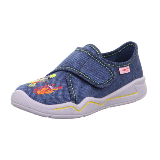Comfortable and stylish SUPERFIT Hausschuh BENNY 298-802 in jeans color, featuring a playful fireman design, perfect for kids' indoor footwear