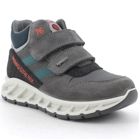 A high-quality PRIMIGI GORE-TEX ankle shoe in grey, petrol, and red