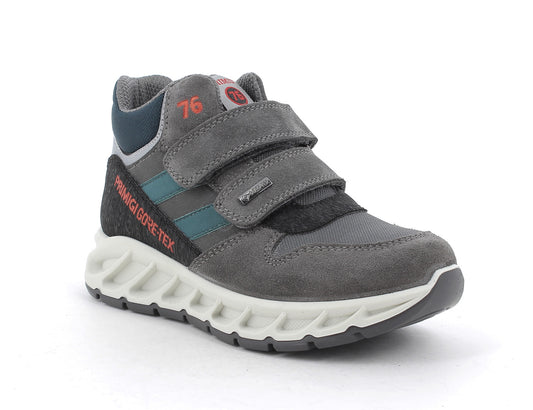 A high-quality PRIMIGI GORE-TEX ankle shoe in grey, petrol, and red