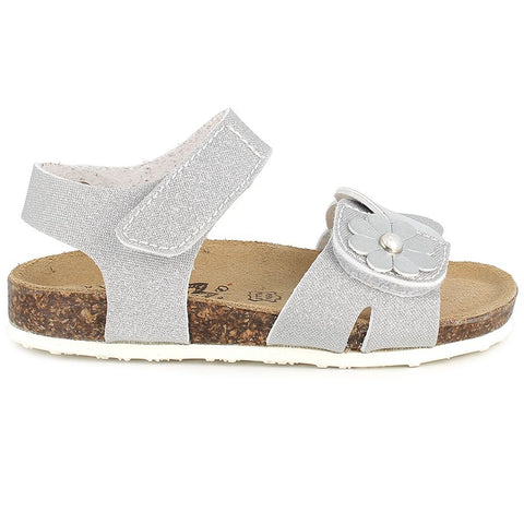 A close-up image of the PRIMIGI Sandale 39258-00 in silver with a beautiful flower design, showcasing the stylish and trendy features of the product