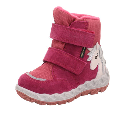 Women's SUPERFIT GORE-TEX Stiefel ICEBIRD 6010-551 in beere (berry) and altrosa (pink) color with a beautiful horse design, perfect for winter weather and outdoor activities