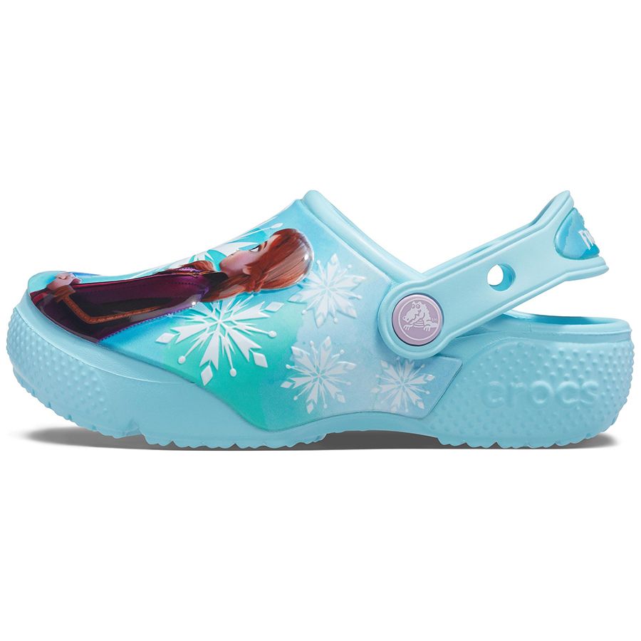 A pair of vibrant blue Crocs Disney Frozen clogs featuring characters from the popular movie, perfect for fans of Elsa and Anna