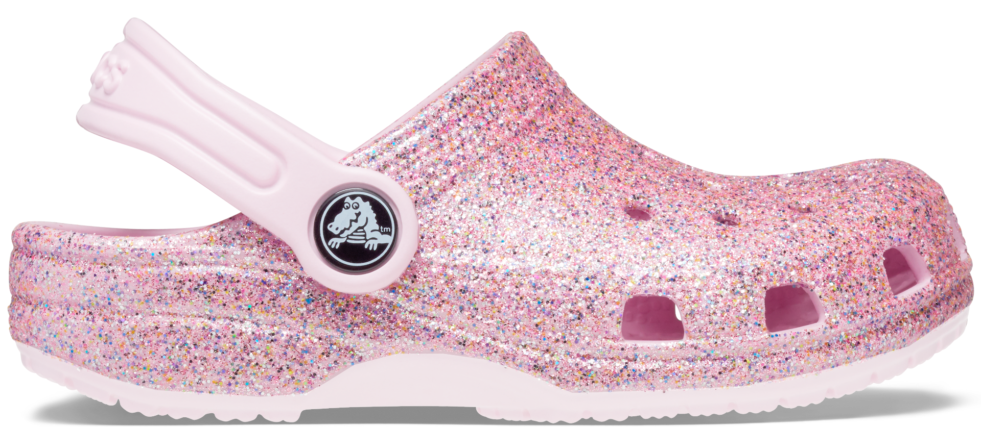 CROCS CLASSIC GLITTER CLOG 206993-1DG in white with pink glitter, comfortable and stylish slip-on footwear for women and girls