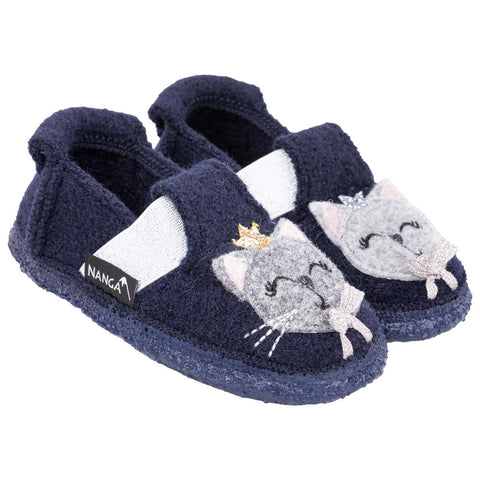 A pair of dark blue NANGA Hausschuh 21-0422 32 slippers with a cute cat design and glitter accents