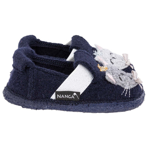 Dark blue NANGA Hausschuh 21-0422 32 featuring a cute cat design with glitter accents