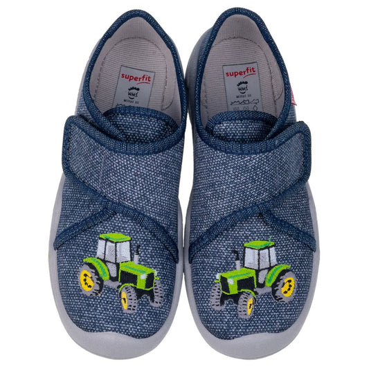 Blue and grey SUPERFIT Hausschuh BENNY 298-803 with a tractor design, perfect for indoor wear