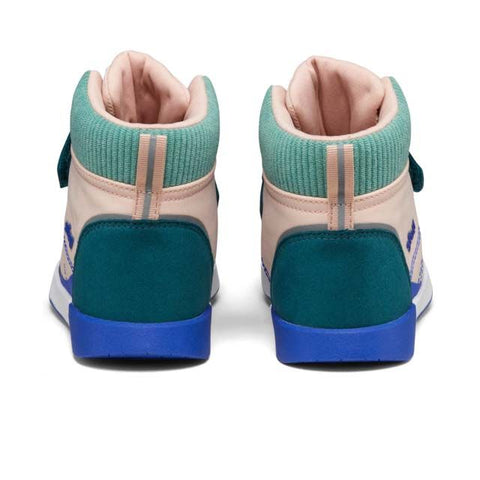 Side view of the SFOLI TEX Knöchelschuh TREKKI - rosa - petrol kid's boot, showcasing the adjustable straps and supportive design