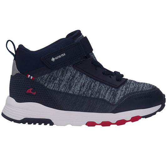Front view of VIKING GORE-TEX Knöchelschuh ARENDAL MID GTX in navy and red with laces and patterned sole