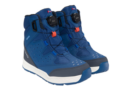 A pair of royal blue and red VIKING TEX Stiefel ESPO WARM WP BOA boots, perfect for cold weather, featuring a BOA closure system