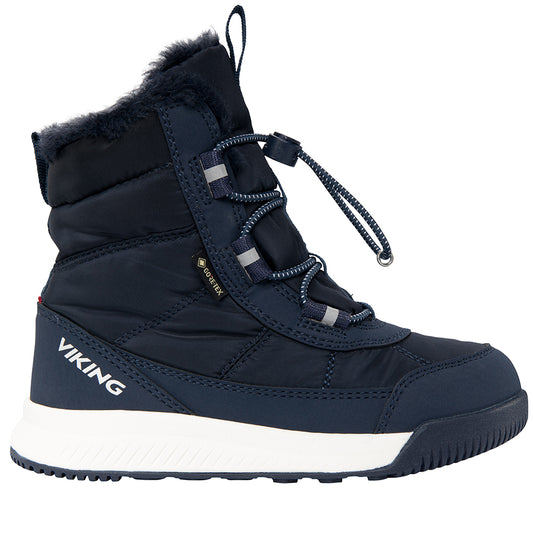 Viking Gore-Tex Stiefel Aery Warm GTX - Navy hiking boots on rocky terrain with autumn foliage in the background