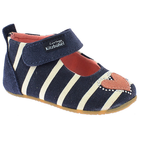 LIVING KITZBÜHEL Hausschuh 3704-571 in marine color with stripes and a decorative Strassherz (rhinestone heart) embellishment