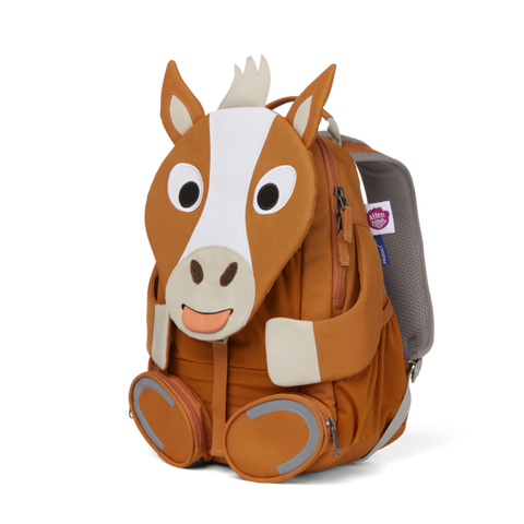 Brauner Rucksack mit Pferdemuster und praktischen Taschen