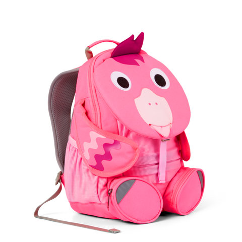 A brightly colored AFFENZAHN Rucksack GROSSER FREUND with a playful flamingo neon design, perfect for kids on the go