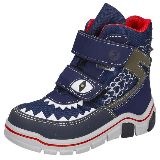 RICOSTA SYMPA-TEX BLINKER Stiefel LUGA - dunkelblau - rot - Drache - A dark blue and red dragon-themed waterproof boot for kids by RICOSTA SYMPA-TEX with blinking lights