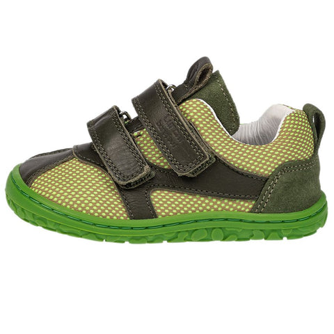 Close-up image of olive and neon green LURCHI Barfuß Halbschuh NEVIO 50001-26, a stylish and comfortable barefoot half shoe for kids
