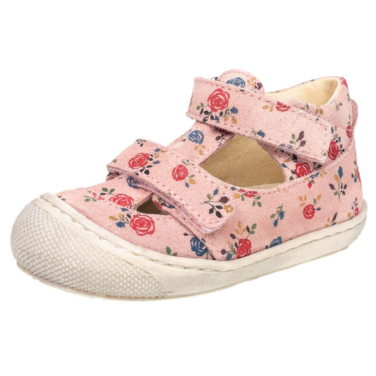 Alt text: NATURINO Halbsandale PUFFY in rosa with delicate rose embellishments, perfect for little girls' summer footwear