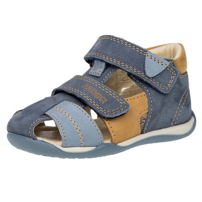 A high-quality PRIMIGI Halbsandale 19106-00 in blue and curry colors for kids