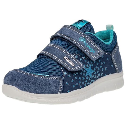 PRIMIGI GORE-TEX Halbschuh 18717-00 -jeansblau - türkis - Sterne children's shoe with blue and turquoise star design on white background