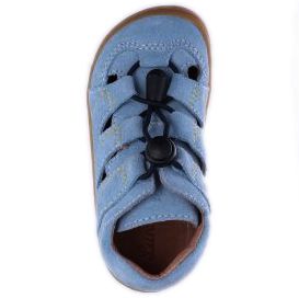 A close-up image of the LURCHI Barfuß Halbsandale NATHAN 50000-48 in jeans and yellow, showcasing the comfortable and stylish design of the product