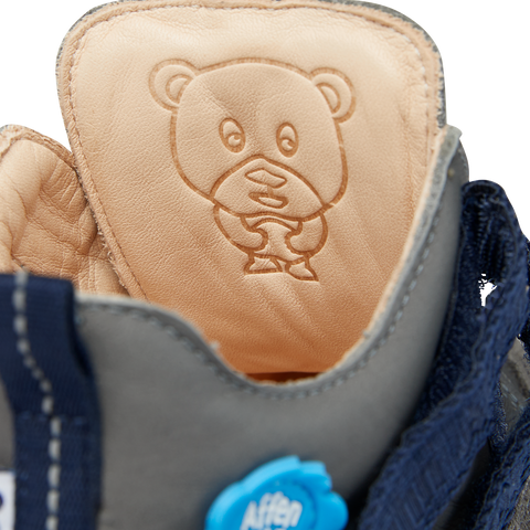 Dark grey and dark blue AFFENZAHN Barfuß Halbschuh BUDDY BÄR with bear motif