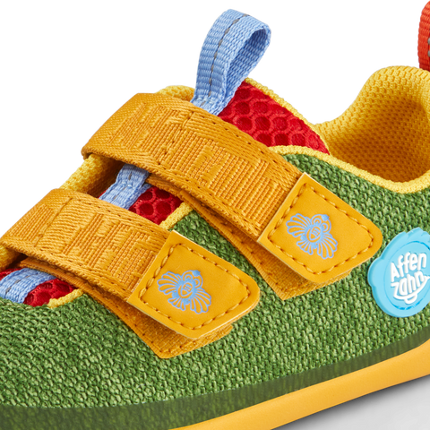 Colorful green, mustard, and red AFFENZAHN Barfuß Halbschuh KNIT HAPPY PARADIESVOGEL, perfect for a barefoot feel