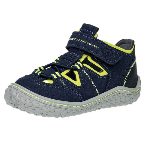 RICOSTA Barfußschuh Halbsandale JERRY - navy - neongelb, a navy and neon yellow half sandal with a barefoot design for kids