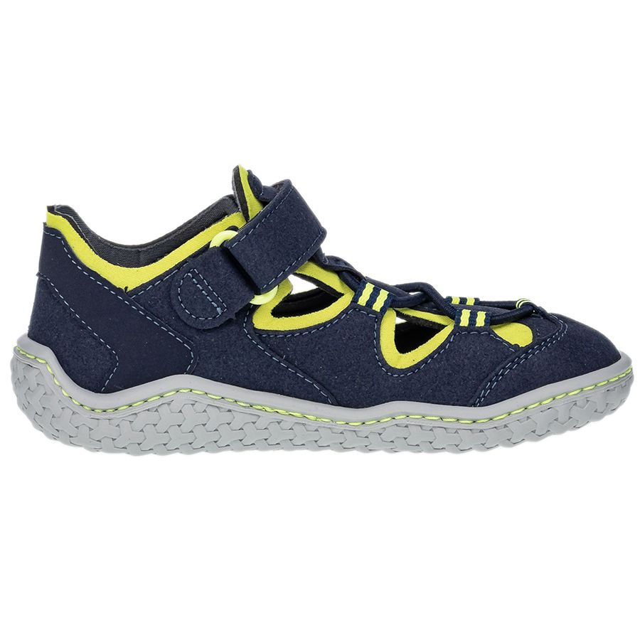 Alt text: RICOSTA Barfußschuh Halbsandale JEFF in navy with neongelb accents, a comfortable and stylish barefoot sandal for outdoor activities