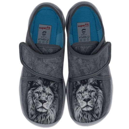 Comfortable grey SUPERFIT Hausschuh BUBBLE 6274-201 featuring a cute lion design
