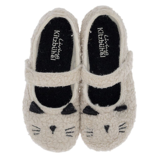 LIVING KITZBÜHEL Hausschuh 4021-103 - weiß - Katze, cozy and comfortable white house shoe with cute cat design