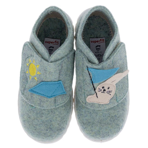 Comfortable mint and grey SUPERFIT Hausschuh HAPPY 295-701 featuring a cute bunny design