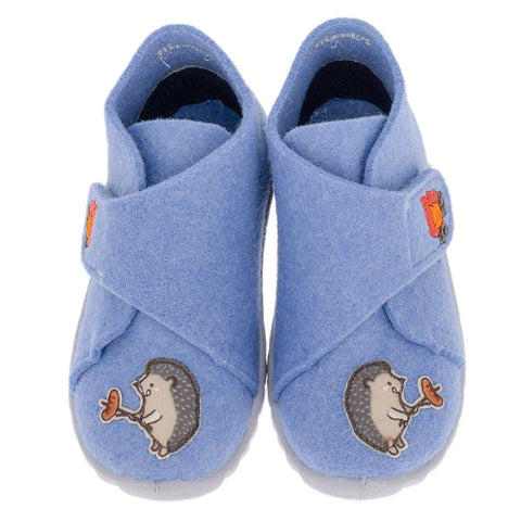 Blue SUPERFIT Hausschuh HAPPY 290-840 featuring a cute hedgehog and campfire design