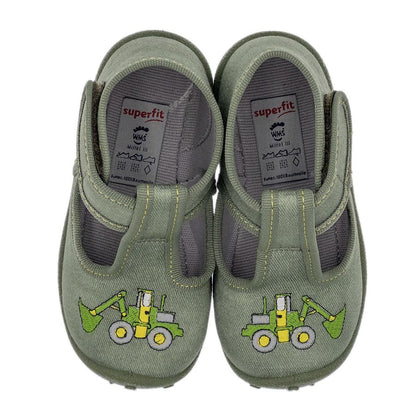 Green SUPERFIT Hausschuh SPOTTY 9252-75 with digger design, a cozy and comfortable indoor slipper for kids