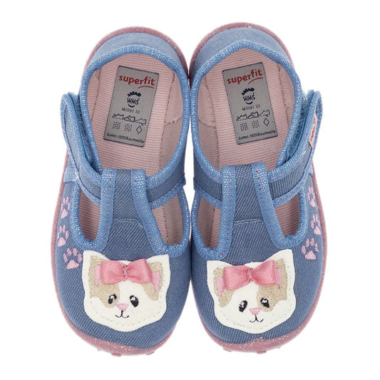 A cozy and stylish blue SUPERFIT Hausschuh SPOTTY 9256-804 with adorable kitten pattern