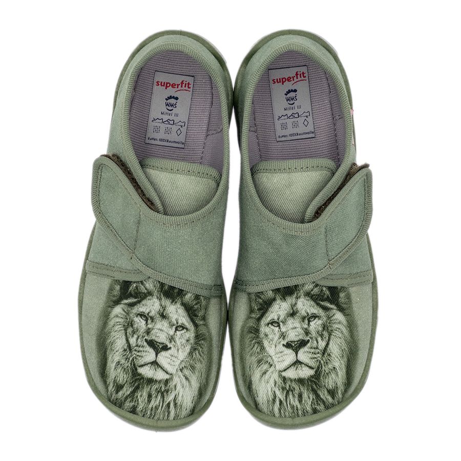 Green SUPERFIT Hausschuh BUBBLE 6274-751 with a cute lion design, a cozy and comfortable slipper for kids