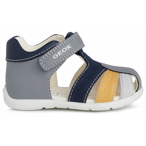 Outdoor Geox men's half sandal in grey, navy, and yellow colorway