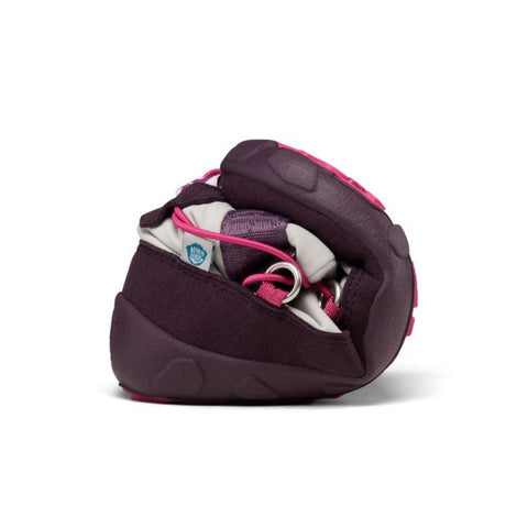 Colorful vegan snow boots featuring a playful bird design in shades of lilac, light gray, and pink by AFFENZAHN TEX