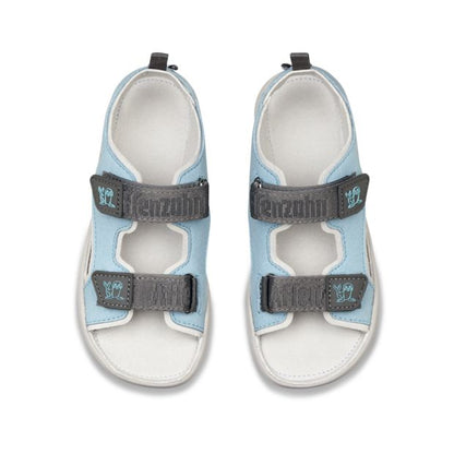 Close-up of AFFENZAHN Barfuß Sandale VEGAN AIRY ROBBE in light blue and grey, showing intricate stitching and durable straps