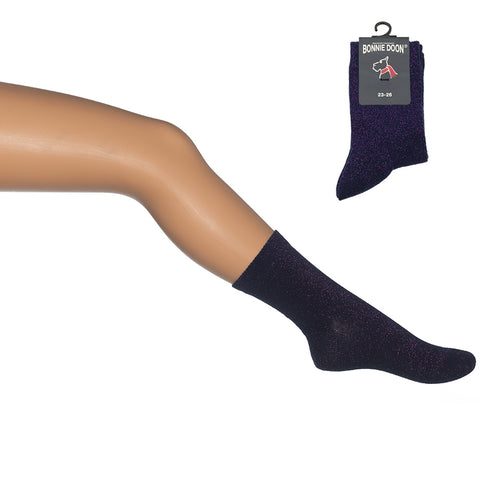 Paar dunkelblaue Socken mit lila Glitzermuster von BONNIE DOON 