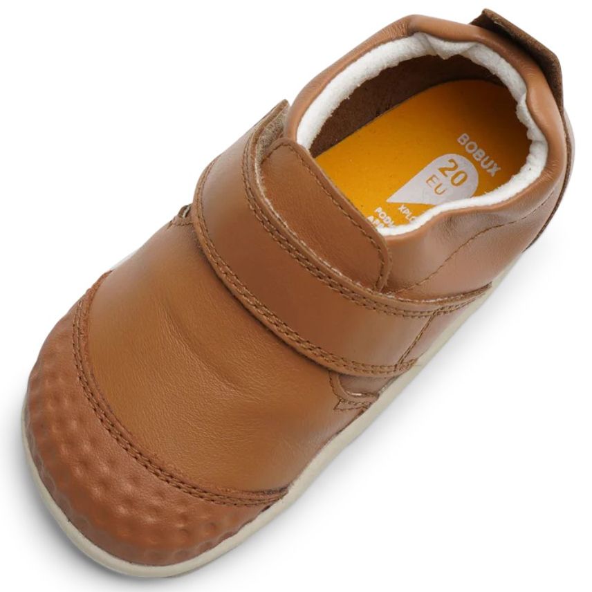 Close-up image of BOBUX PreWalker XP GO 501037 in cognac, featuring a durable and lightweight design, perfect for little feet on the move