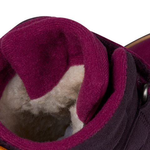 Vegan, comfy bird-themed AFFENZAHN TEX boots in berry, purple, and yellow