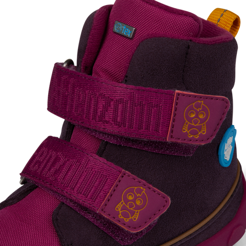 Affenzahn vegan comfy bird-themed purple, yellow, and berry-colored boots for children