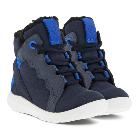 A high-performance ECCO GORE-TEX ankle shoe in dark blue and royal blue color