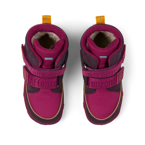 Colorful vegan AFFENZAHN TEX Stiefel Comfy Vogel boots in berry, purple, and yellow