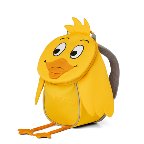 Rucksack AFFENZAHN KLEINER FREUND - DIE MAUS ENTE, gelbe Farbe, recycelte PET-Flaschen, fair und umweltfreundlich produziert, reflektierende Details, Ziehzunge, weiche Schulterpolster, höhenverstellbarer Brustgurt