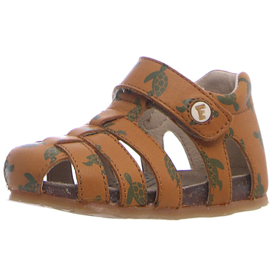 A close-up image of the NATURINO Halbsandale ALBY in curry color with a cute turtle design on the front strap