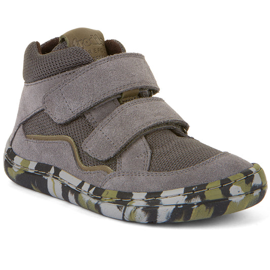 A close-up image of the FRODDO Barfuß Knöchelschuh G3110228-1 in grey and green, showcasing its durable and comfortable design for barefoot walking