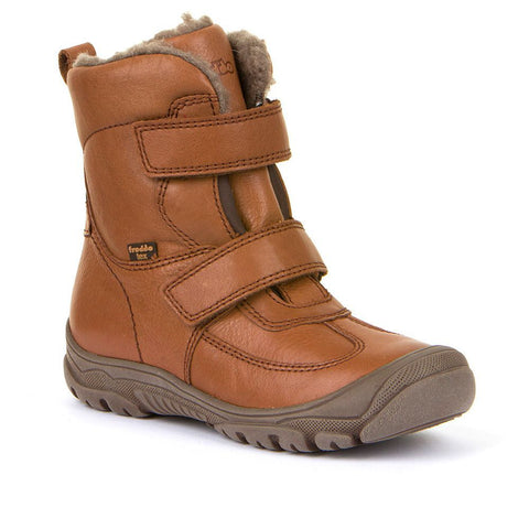 Alt text: FRODDO TEX Stiefel G3160186-4 - cognac, a stylish and durable pair of children's boots in rich brown leather with waterproof technology, perfect for all-weather playtime adventures