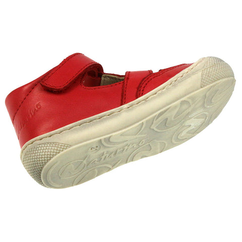  High-quality red leather half sandal with secure buckle and flexible sole