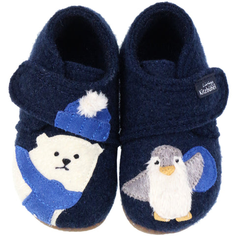 Alt text: LIVING KITZBÜHEL Hausschuh 3807-585 in nachtblau color featuring a cute Eisbär (polar bear) design, perfect for cozy indoor wear