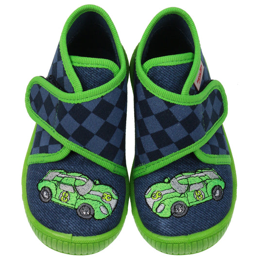 Men's SUPERFIT Hausschuh 253-88 in denim-neongrün featuring a cool Rennwagen design